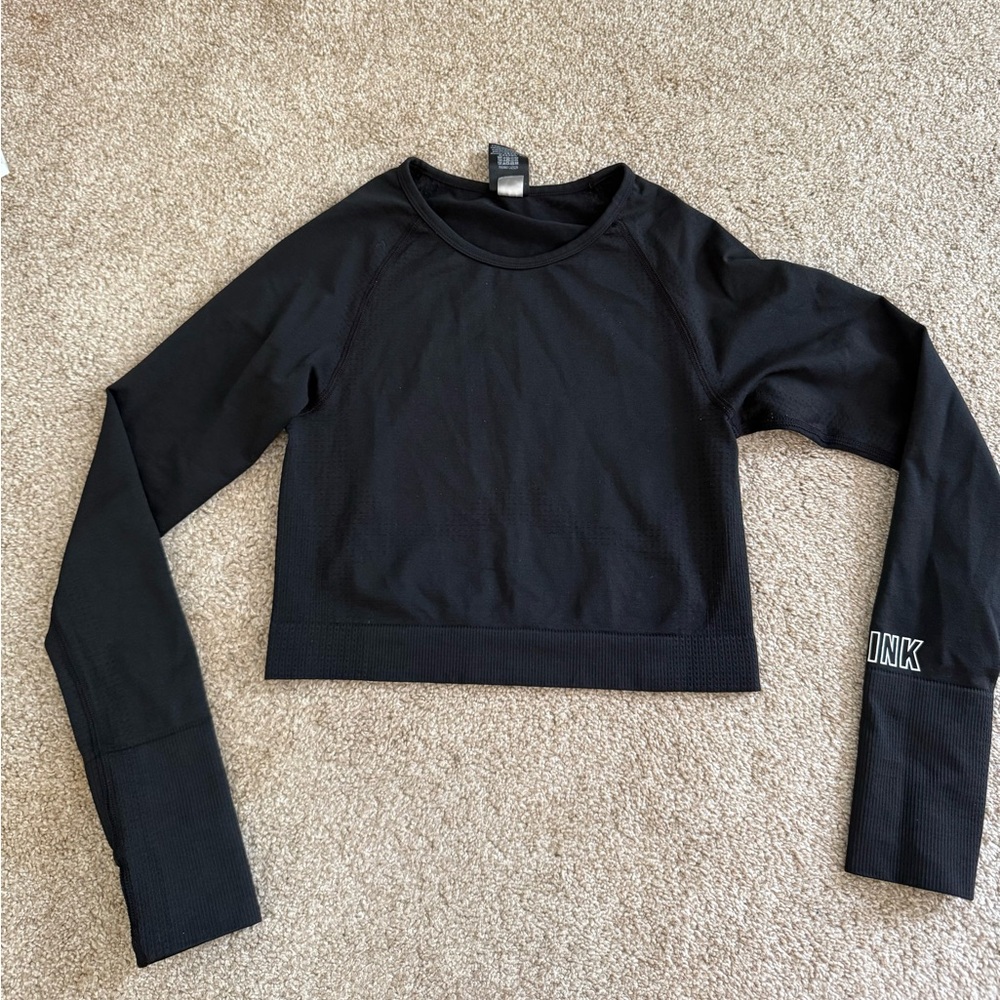 PINK Victoria's Secret Black Fitted Crop Long Sleeve Top